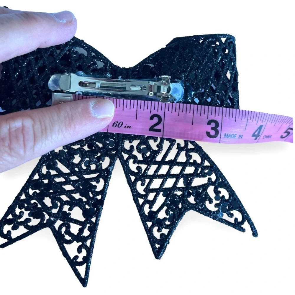 Spooky Halloween Hair Bow Barrette Black Glitter and Skeleton Skull Hair Clip